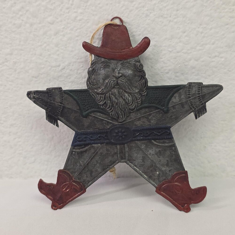 Collectible Vintage 90s tin cowboy Santa Christmas hanging ornament Xmas